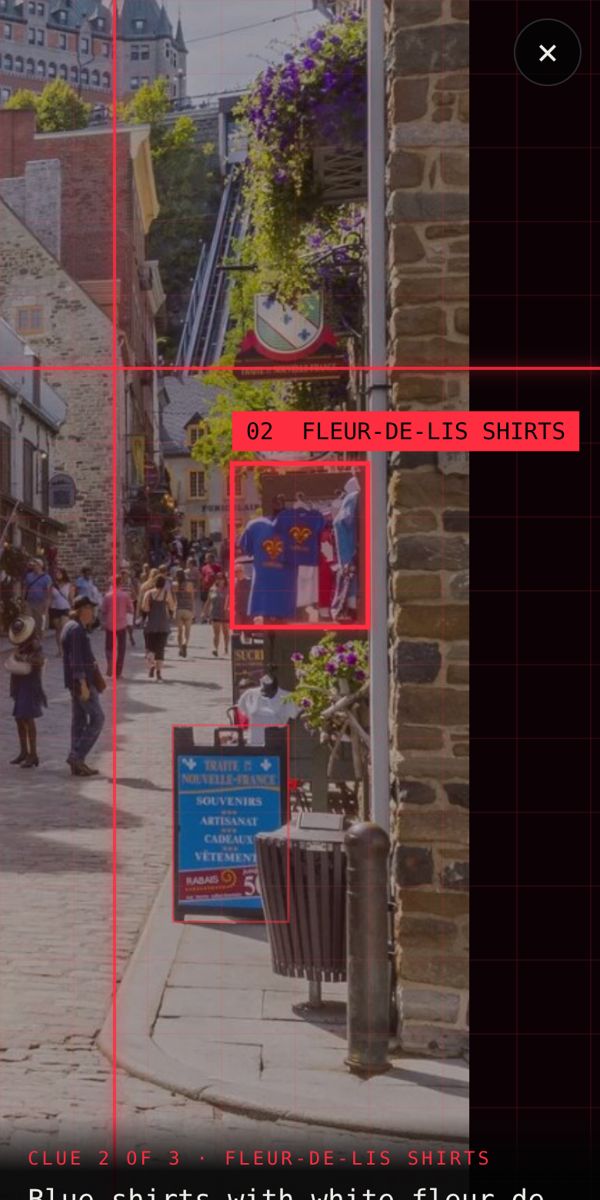 AI photo location finder marking the clues in a photo: French shop signs and fleur-de-lis shirts point to Quebec City